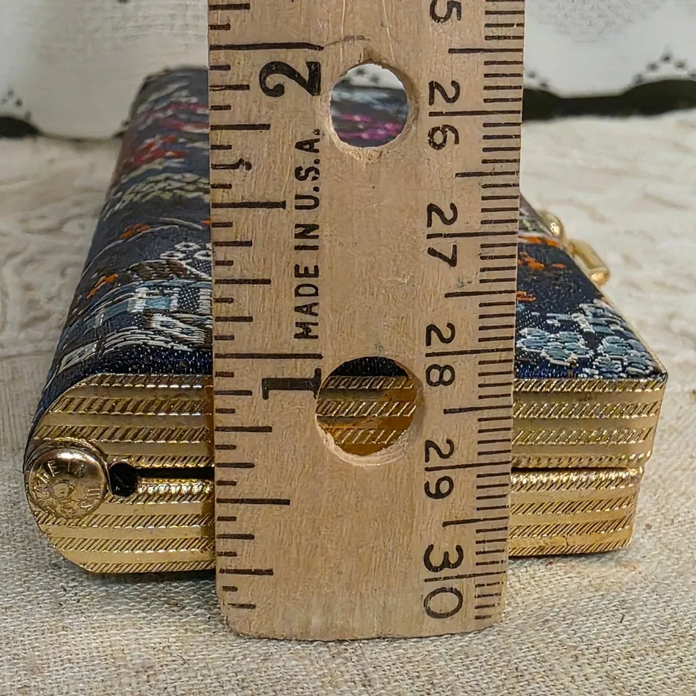 Vintage Slim Reading Eyeglasses Case, Navy Blue Floral Brocade Gold Frame